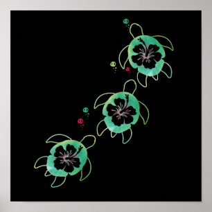 Artistic Sea Turtle Hibiskus Blume Stilvoll Niedli Poster