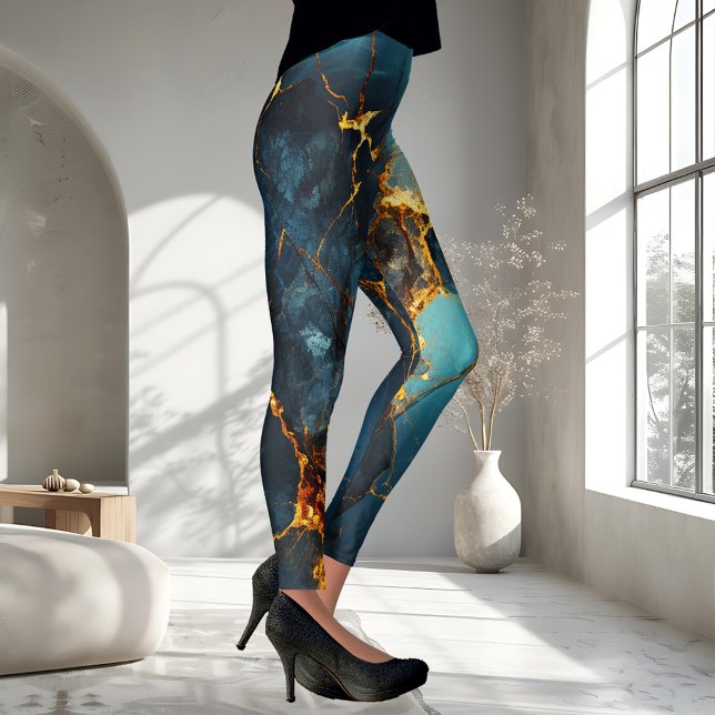Artistic Veined Abstrakt Blue Ocher Leggings (Leggings featuring an abstract veined design in teal blue and warm ocher.)