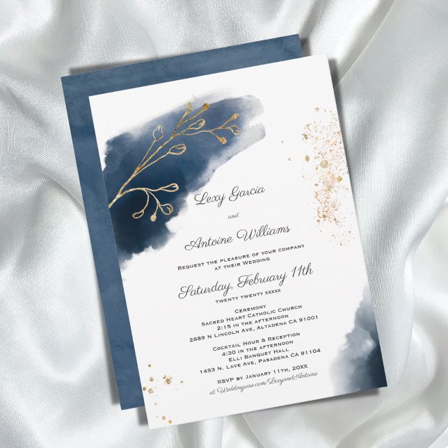 Artistic Watercolor Ink Navy Blue Gold Wedding Einladung (Von Creator hochgeladen)