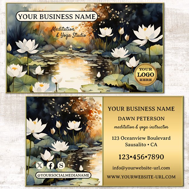Artistic Watercolor Lotus Meditation Yoga Visitenkarte (Meditation yoga business card featuring watercolor lotus flowers with gold - logo - social media)