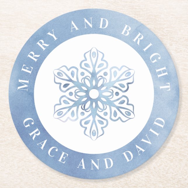 Artistic Watercolor Snowflake Blau Weihnachten Runder Pappuntersetzer (Vorderseite)