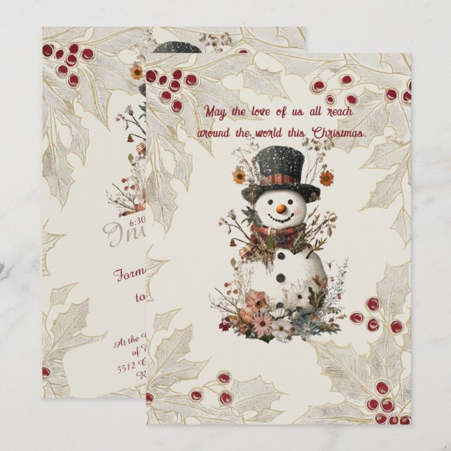 Artistic Watercolor Snowman Beige Floral Einladung (Vorne/Hinten)