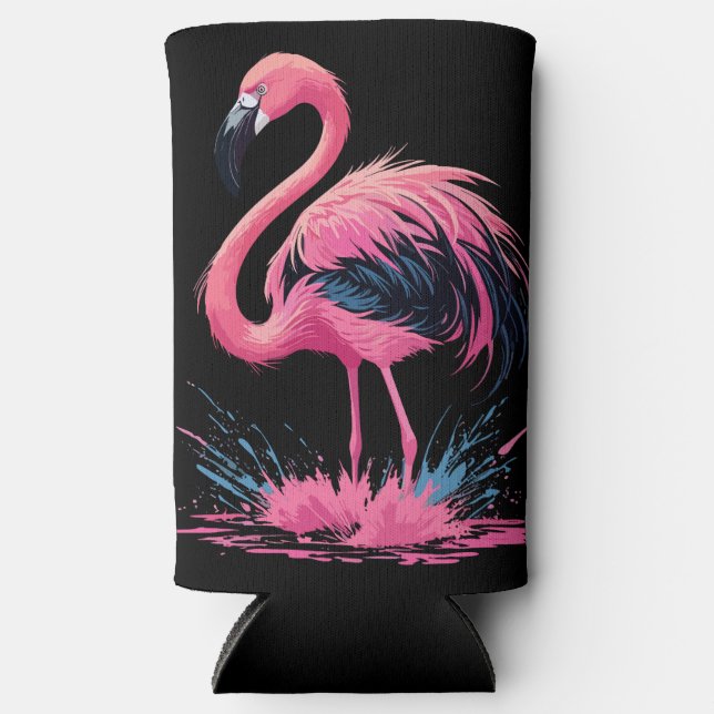 Artistic Whimsical Pink Flamingo Splash | Schwarz Selters Dosenkühler (Vorderseite)