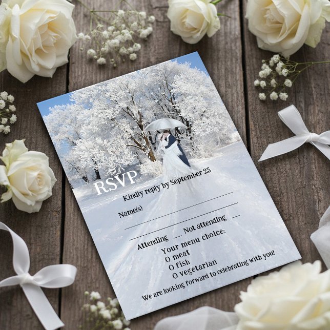 Artistic Winter Wonderland Dream Wedding Carte RSV (Wedding RSVP card featuring a painting of a winter wonderland scene with a couple with umbrella)