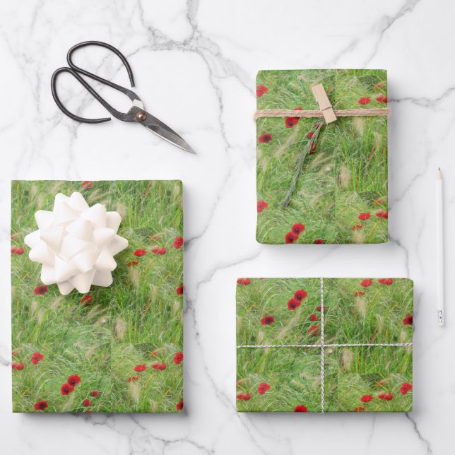 Artistisch floral gefleckte grüne Gräser Rote Pfla Geschenkpapier Set (Vorderseite)