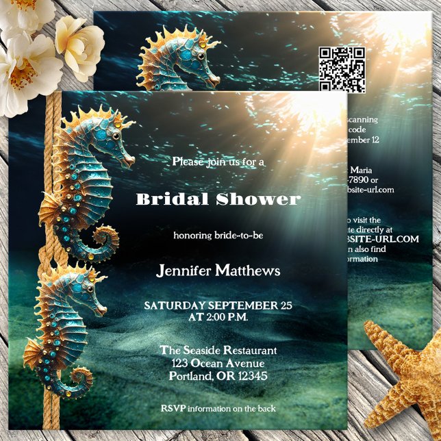 Artistische Seepferde Ozean Brautparty Einladung (Bridal shower invitation featuring seahorses ready to tie the knot - ocean - sea - seaside - QR code)