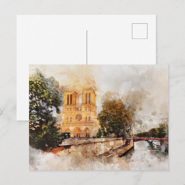 Artistische Wasserfarbe Notre-Dame Kathedrale Pari Postkarte (Vorne/Hinten)