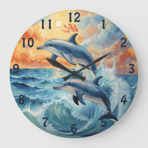 Artistische Zwei-Springer-Delphine Sonnenuntergang Große Wanduhr
