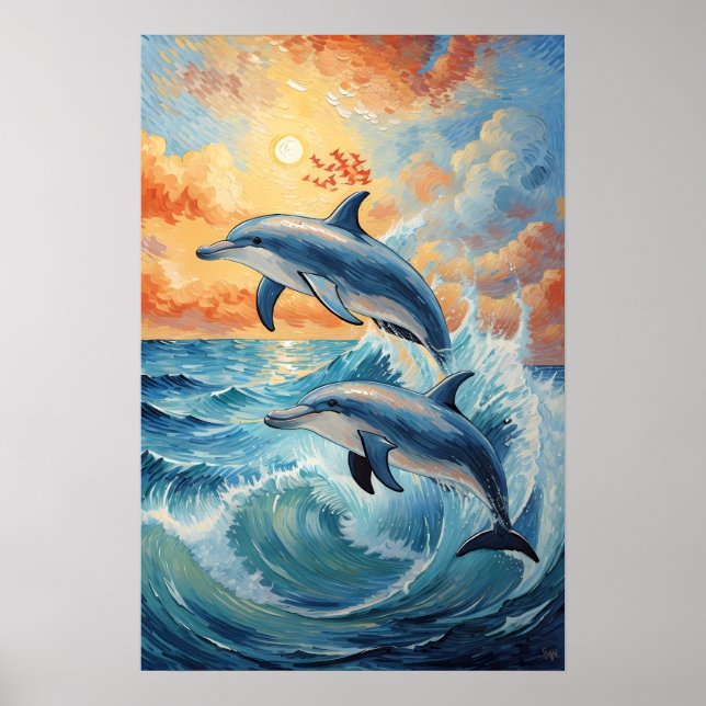 Artistische Zwei-Springer-Delphine Sonnenuntergang Poster (Vorne)
