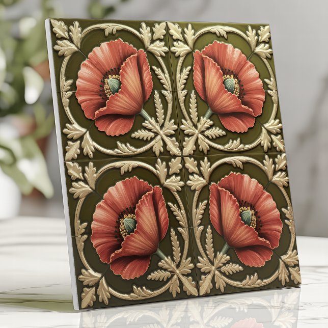 Arts and Crafts Roter Mohn und Olivgrün  Fliese (Von Creator hochgeladen)