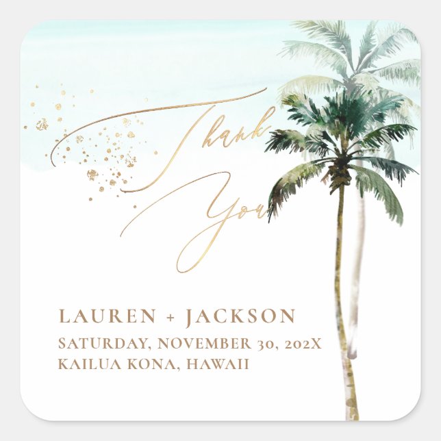 ArtsApp Chic Tropical Paradise Wedding Quadratischer Aufkleber (Vorderseite)