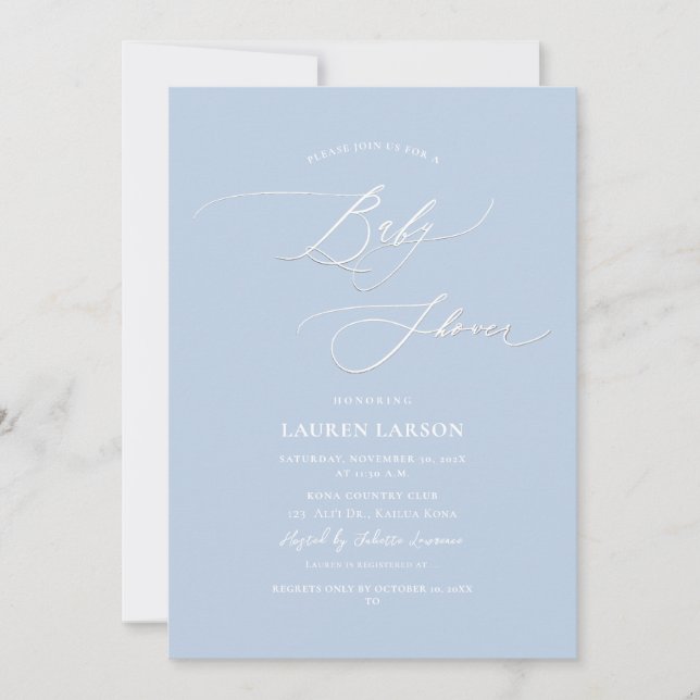 ArtsApp Elegant Calligraphy Baby Blue Baby Shower Einladung (Vorderseite)
