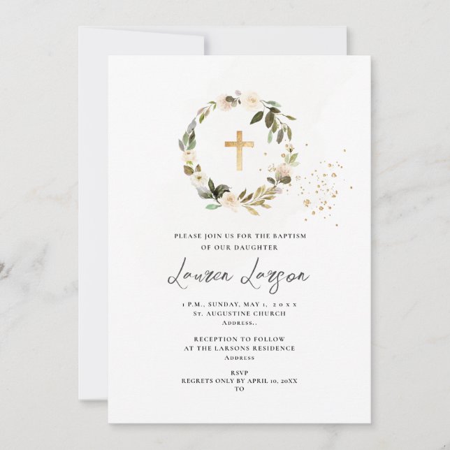 ArtsApp Elegant H2 Alabaster Rose Taufe Einladung (Vorderseite)