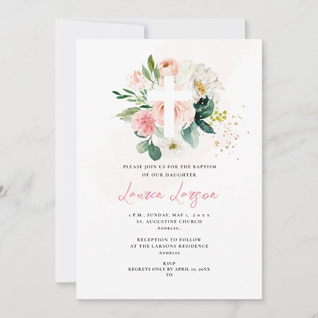 ArtsApp Elegant H2 Pale Pink Roses Taufe Einladung (Vorderseite)