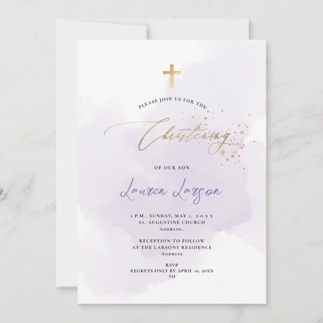 ArtsApp Elegant H2 Wasch Lila Christening Einladung (Vorderseite)
