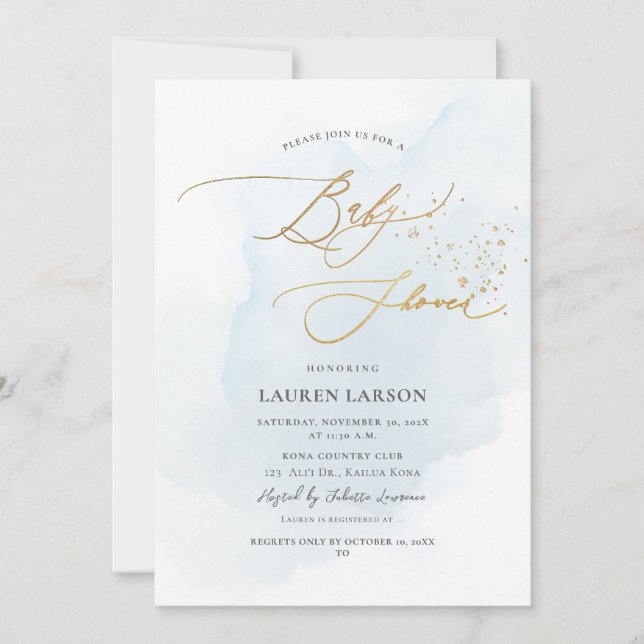 ArtsApp H2 Baby Blue Gold Calligraphy Baby Shower Einladung (Vorderseite)