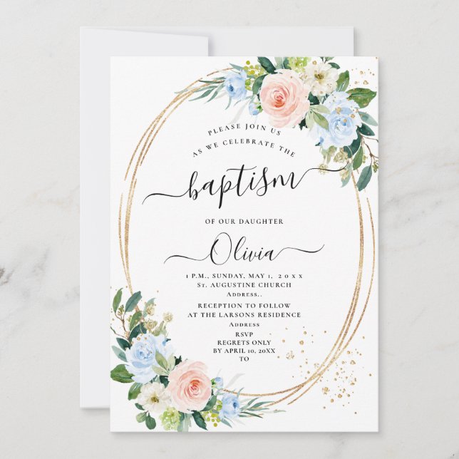 ArtsApp H2 Blush Pink Blue Rose Taufe Einladung (Vorderseite)