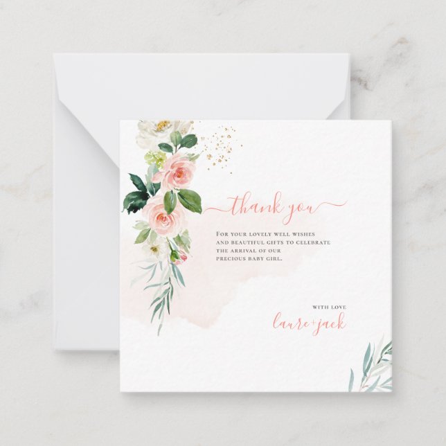 ArtsApp H2 Blush Pink Roses Baby Dusche Vielen Dan Mitteilungskarte (Vorderseite)