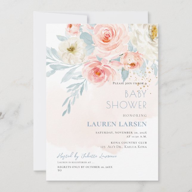 ArtsApp H2 Blush Roses Dusty Blue Foliage Einladung (Vorderseite)