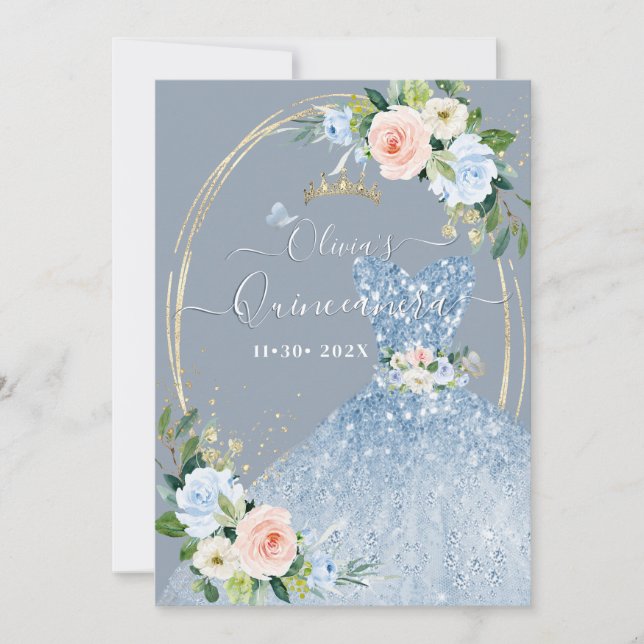 ArtsApp H2 Pink Blue Rose Sparkling Quinceanera Einladung (Vorderseite)