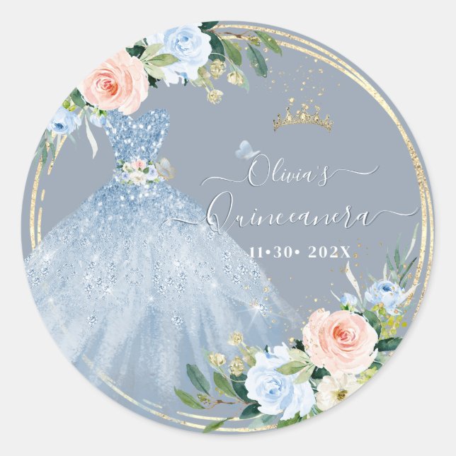 ArtsApp H2 Pink Blue Rose Sparkling Quinceanera Runder Aufkleber (Vorderseite)