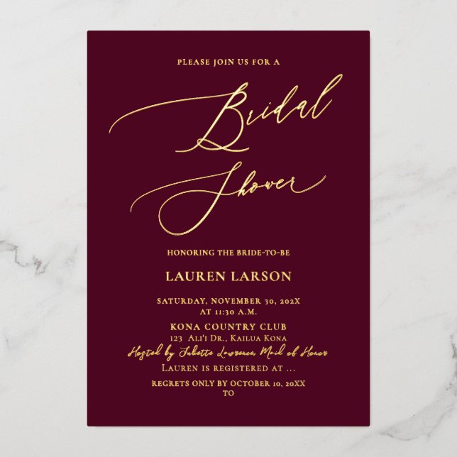 ArtsApp Luxe Calligraphy Burgundy Gold Folieneinladung (Vorderseite)