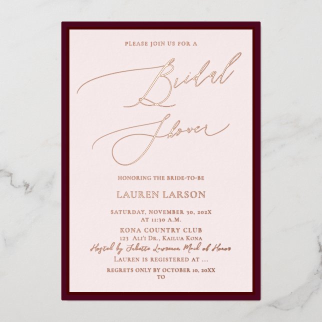 ArtsApp Luxe Calligraphy Burgundy Rose Gold Folieneinladung (Vorderseite)