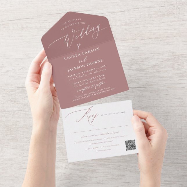 ArtsApp Moderne Kalligraphie Dusty Rose Wedding All In One Einladung (Abreißen)