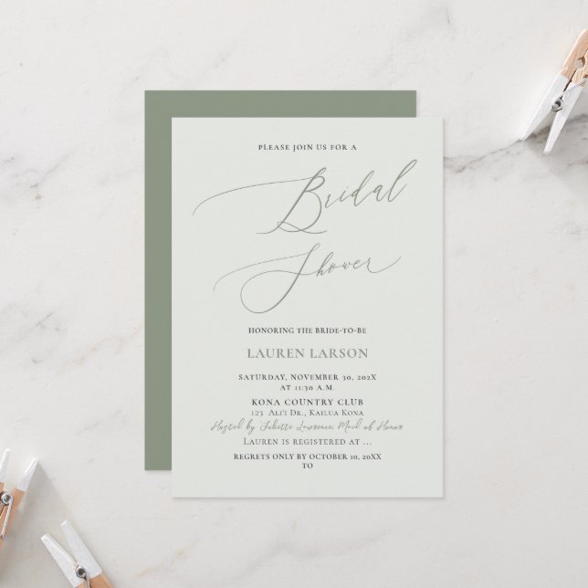 ArtsApp Olive+Sage Calligraphy Brautparty Einladung (Vorderseite/Rückseite Beispiel)