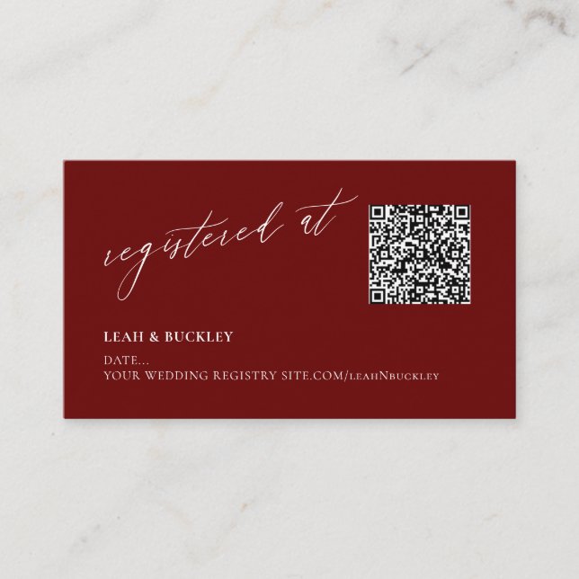 ArtsApp QR Code Burgundy Registry Luxe Calligraphy Begleitkarte (Vorderseite)