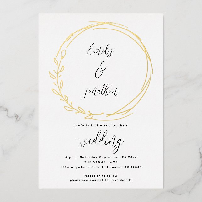 Artsy Lorbeerblatt Rahmen Schriftzug Hochzeit Echt Folieneinladung (Vorderseite)