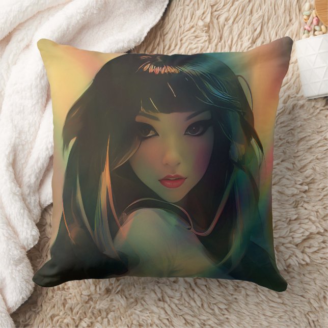 Artwork von Anime Girl umgeben von Rainbow Light Kissen (Decke)