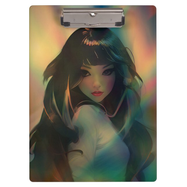 Artwork von Anime Girl umgeben von Rainbow Light Klemmbrett (Vorderseite)
