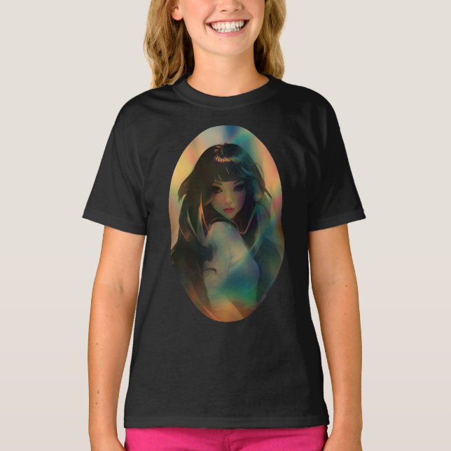 Artwork von Anime Girl umgeben von Rainbow Light T-Shirt (Vorderseite)