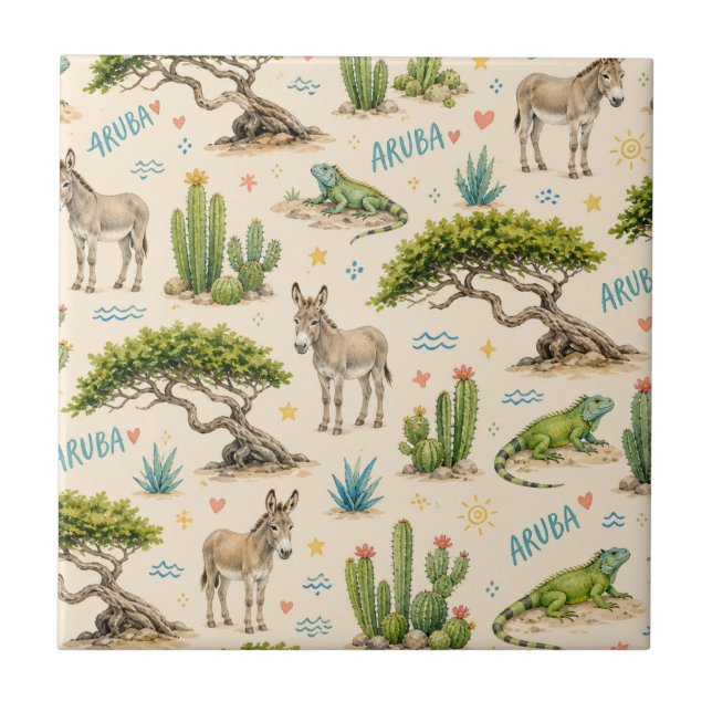 Aruba Divi-Baum, Esel, Iguane, Kaktus Fliese (Vorderseite)