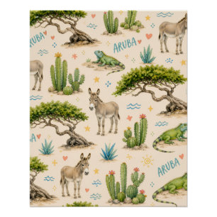 Aruba Divi-Baum, Esel, Iguane, Kaktus Poster