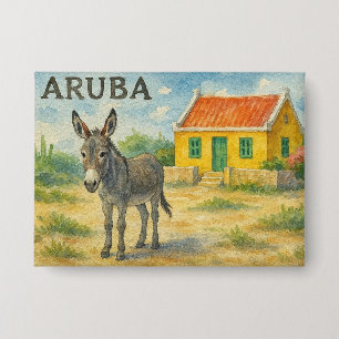 Aruba Esel mit gelbem Cunucu-Haus Aquarell Button