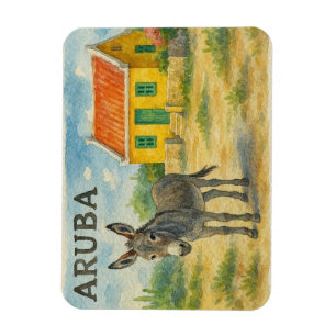 Aruba-Esel mit gelbem Cunucu-Haus Aquarell Magnet