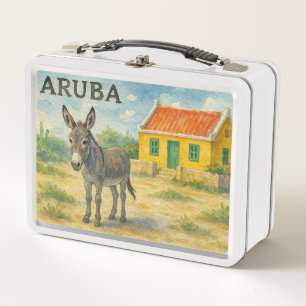 Aruba Esel mit gelbem Cunucu-Haus Aquarell Metall Brotdose