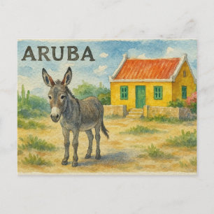 Aruba-Esel mit gelbem Cunucu-Haus Aquarell Postkarte