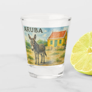 Aruba-Esel mit gelbem Cunucu-Haus Aquarell Schnapsglas