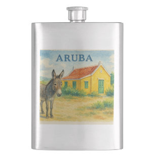 Aruba Esel und Cunucu-Haus Aquarell Flachmann