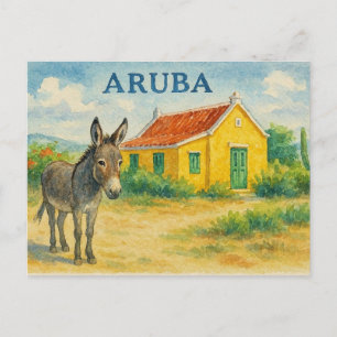 Aruba Esel und Cunucu Haus Aquarell Postkarte