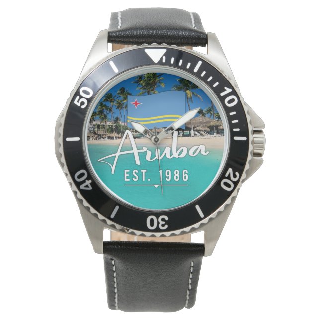 "Aruba Est. 1986" Beach With Flag Armbanduhr (Vorderseite)