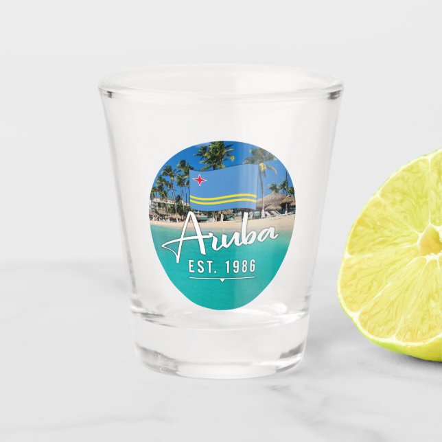 "Aruba Est. 1986" Strand mit Flagge Schnapsglas (Vorderseite)