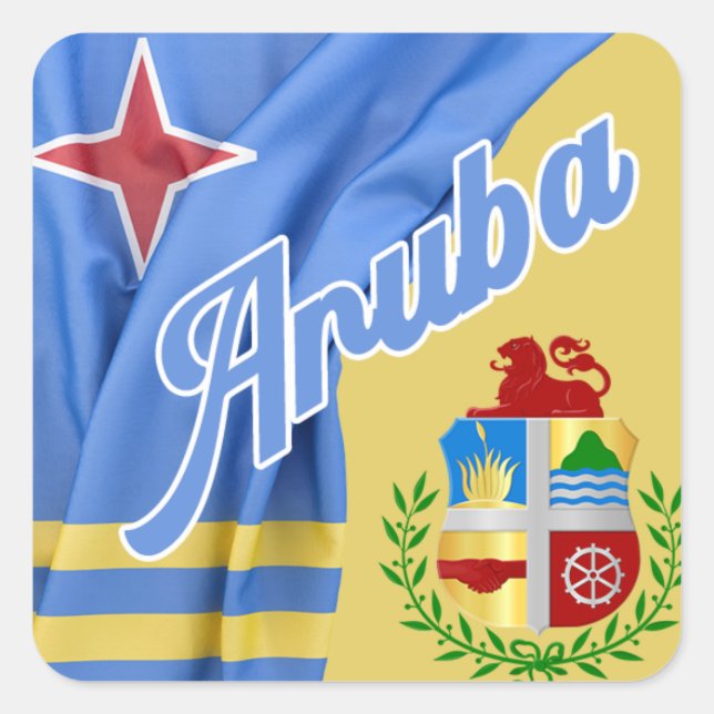 Aruba - Flagge und Wappen Quadratischer Aufkleber (Vorderseite)