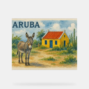 Aruba Gelbes Cunucu-Haus mit Esel Aquarell Acrylschild