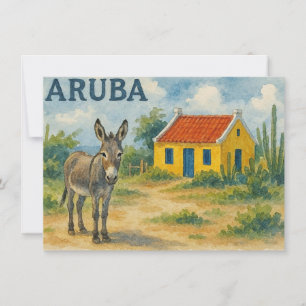 Aruba Gelbes Cunucu-Haus mit Esel Aquarell Einladung