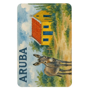 Aruba Gelbes Cunucu-Haus mit Esel Aquarell Magnet