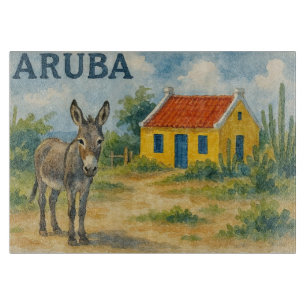 Aruba Gelbes Cunucu-Haus mit Esel Aquarell Schneidebrett